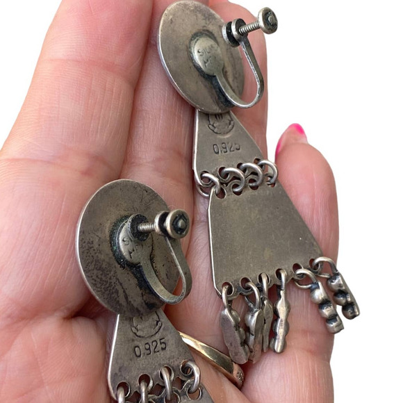 Vintage Sterling Silver Dangle Screw Back Earrings 925 Gonzalu Moreno Mexico - Picture 4 of 6